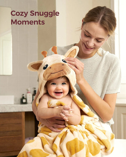 Momcozy Coral Fleece Hooded Baby Towel - Giraffe and Rabbit